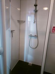 La salle de bains est pourvue d'une douche avec une porte en verre. dans l'établissement De Lindehoeve Appartement de Deel, à Vledder