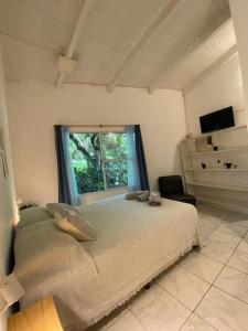 Un dormitorio con una cama grande y una ventana en Posada El Ceibo en Puerto Iguazú