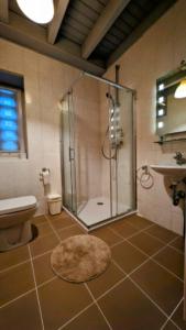 a bathroom with a shower and a toilet and a sink at Bed and Breakfast Am Schwatten Berg in Heek