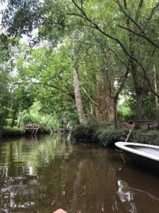 um barco sentado num rio com árvores em Isla Curubica em Tigre