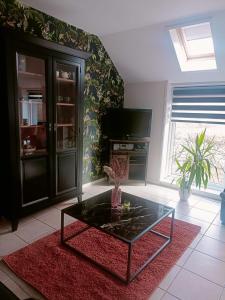 een woonkamer met een salontafel en een televisie bij De Lindehoeve Appartement de Pompestraat in Vledder
