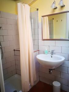 a bathroom with a sink and a shower curtain at La Zizzania e il Mandarino in Roccagloriosa