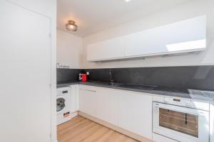 cocina con armarios blancos, lavadora y secadora en 2 BR house w/ terrace, near train stations & metro, en Lille