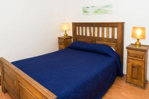 1 dormitorio con 1 cama azul y 2 mesitas de noche en Alojamiento Aloja N2 en Mendoza