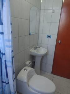 a small bathroom with a toilet and a sink at Posada de Percybal Mirador in Puno
