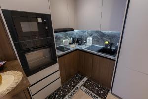 eine kleine Küche mit Spüle und Kühlschrank in der Unterkunft Vividlux Apartments in Aranđelovac