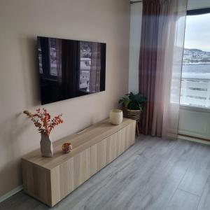 salon z telewizorem na ścianie w obiekcie Apartments with parking and terrace w Ålesund