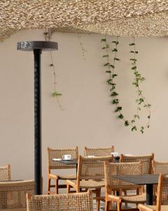 een tafel en stoelen met een plant aan de muur bij Sergios Hotel in Chersonissos
