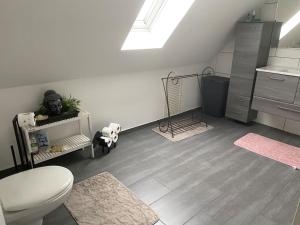 Loft Wohnung mit toller Aussicht في Meßstetten: حمام مع مرحاض ومغسلة في الغرفة