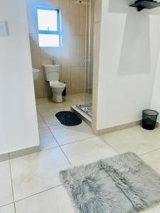 a bathroom with a shower and a toilet and a rug at Zindiza Guesthouse 2 in Del Judor