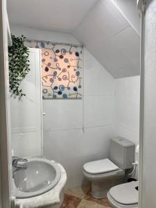 ein weißes Bad mit einem WC und einem Waschbecken in der Unterkunft Casa encantadora y confortable en Málaga. in Málaga