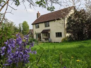 una vecchia casa con fiori viola di fronte di Picturesque Family Hideaway Chipping Ongar Essex a Fyfield