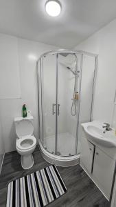 a bathroom with a shower and a toilet and a sink at Spacious Double Bedroom with Private Toilet and Shared Kitchen with on premesis parking in Oldbury