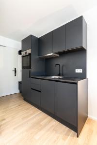 a kitchen with black cabinets and a sink at Village by Maier - kontaktloser Check-in in Hohenems