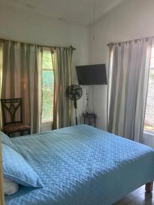 - une chambre avec un lit bleu et 2 fenêtres dans l'établissement Brisas Verdes. Increíble espacio con alberca climatizada, à Temixco