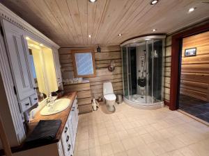 ein Bad mit einer Dusche, einem WC und einem Waschbecken in der Unterkunft Sletthovdun 151 in Ål