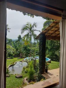 a view of a garden with a pond and palm trees at Refúgio Farm House in Paraty