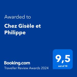 Certifikát, ocenenie alebo iný dokument vystavený v ubytovaní Chez Gisèle et Philippe