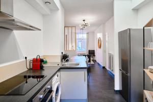 uma cozinha com um lavatório e uma bancada em Renovated 3 bedroom house with terrace em Tourcoing