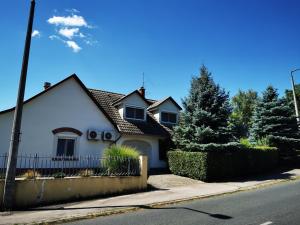 a white house on the side of a street at Pintes 38 A in Dunaújváros