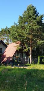 een huis met een rood dak en een boom bij SOLO in Łukęcin