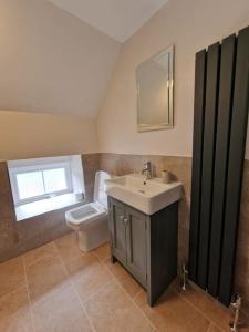 uma casa de banho com um lavatório, um WC e um espelho. em The Coach House - Bargany em Girvan