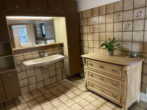 a bathroom with a sink and a mirror at Haus Waldesruh in Medebach