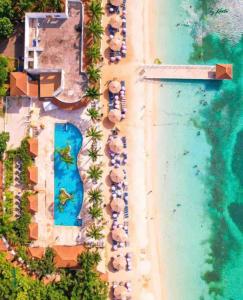 an overhead view of a beach with umbrellas and the ocean at Oceanview Jamaica in Discovery Bay