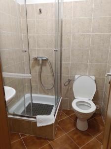 uma casa de banho com um chuveiro, um WC e um lavatório. em Městské kulturní centrum ve Fulneku em Nový Jičín
