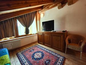 a living room with a television and a rug at Hostdomus - Chalet Sciatori Loft in Pragelato