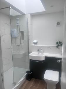 a bathroom with a shower and a toilet and a sink at Anchor Inn in Taunton