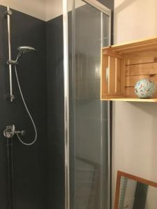 La salle de bains est pourvue d'une douche avec une porte en verre. dans l'établissement Residence La Seigneurie, à Ouistreham