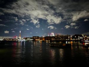 倫敦的住宿－CB53 Tower Bridge Townhouse 2 bathrooms & Free parking，夜晚从水面上欣赏城市美景