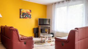 un soggiorno con 2 sedie e una TV a schermo piatto di L'Intemporel - Appartement T3 avec jardinet a Poitiers