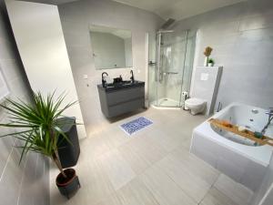 a bathroom with a sink and a shower and a toilet at Design Immo Ferienwohnung Rhein-Main Rodgau in Rodgau +25 photos