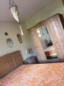 ein Schlafzimmer mit einem Bett und einem großen Spiegel in der Unterkunft Appartement dans un jardin in Genf