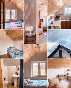 a collage of photos of a tiny house at DOLINA ROZTOKI-mieszkanie,pokoje lub domek z lokalem na poddaszu in Bircza