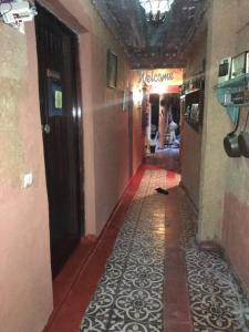 a hallway with a door and a cat sitting on the floor at Riad assriir in Tiznit