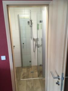 a bathroom with a shower with a glass door at Hotel Vulkanstüble in Achkarren