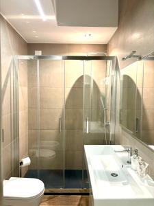e bagno con doccia, servizi igienici e lavandino. di Matilda Guest House EUR 4 posti letto a Roma