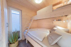 a tiny house with a bunk bed and a ladder at Hausboot The Goose in Burgstaaken