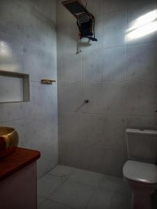 uma casa de banho com um chuveiro, um WC e um lavatório. em LUZ AMAZÔNIA LODGE em Iranduba