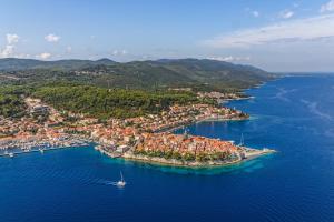 an aerial view of a small island in the water at Korčula Guest House in Korčula