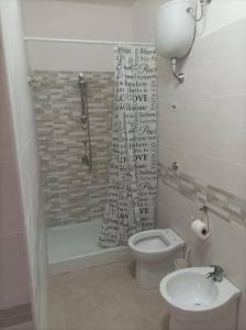 La salle de bains est pourvue d'un rideau de douche et de toilettes. dans l'établissement SeaView Apartments Caprioli-Palinuro, à Palinuro