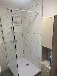 La salle de bains est pourvue d'une douche avec une porte en verre. dans l'établissement Ferienwohnung-Monteurwohnung, à Hombourg