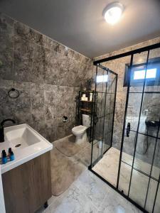a bathroom with a shower and a tub and a toilet at Ağva Bungalov Evler @lidiamare_ 