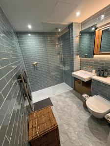 a bathroom with a shower and a toilet and a sink at Stylish Brentford Riverside Penthouse in Brentford