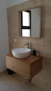uma casa de banho com um lavatório branco e um espelho. em Gîte du Colombier em Crestet