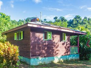 ein kleines Holzhaus mit grünen Fenstern und Bäumen in der Unterkunft 3 Rivers Eco Lodge in Rosalie