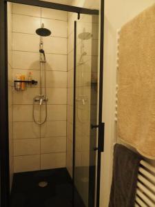 um chuveiro com uma porta de vidro na casa de banho em Loft ravissant proche du centre-ville em Nîmes